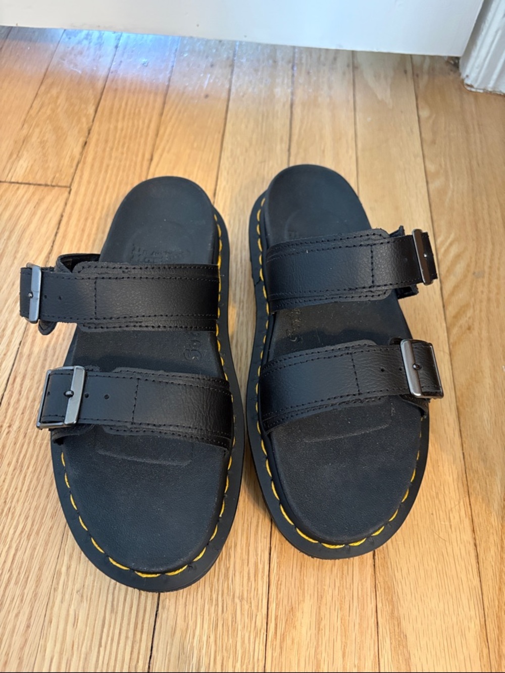 Dr. Martens Black Leather Double Strap Sandals with Yellow Stitching